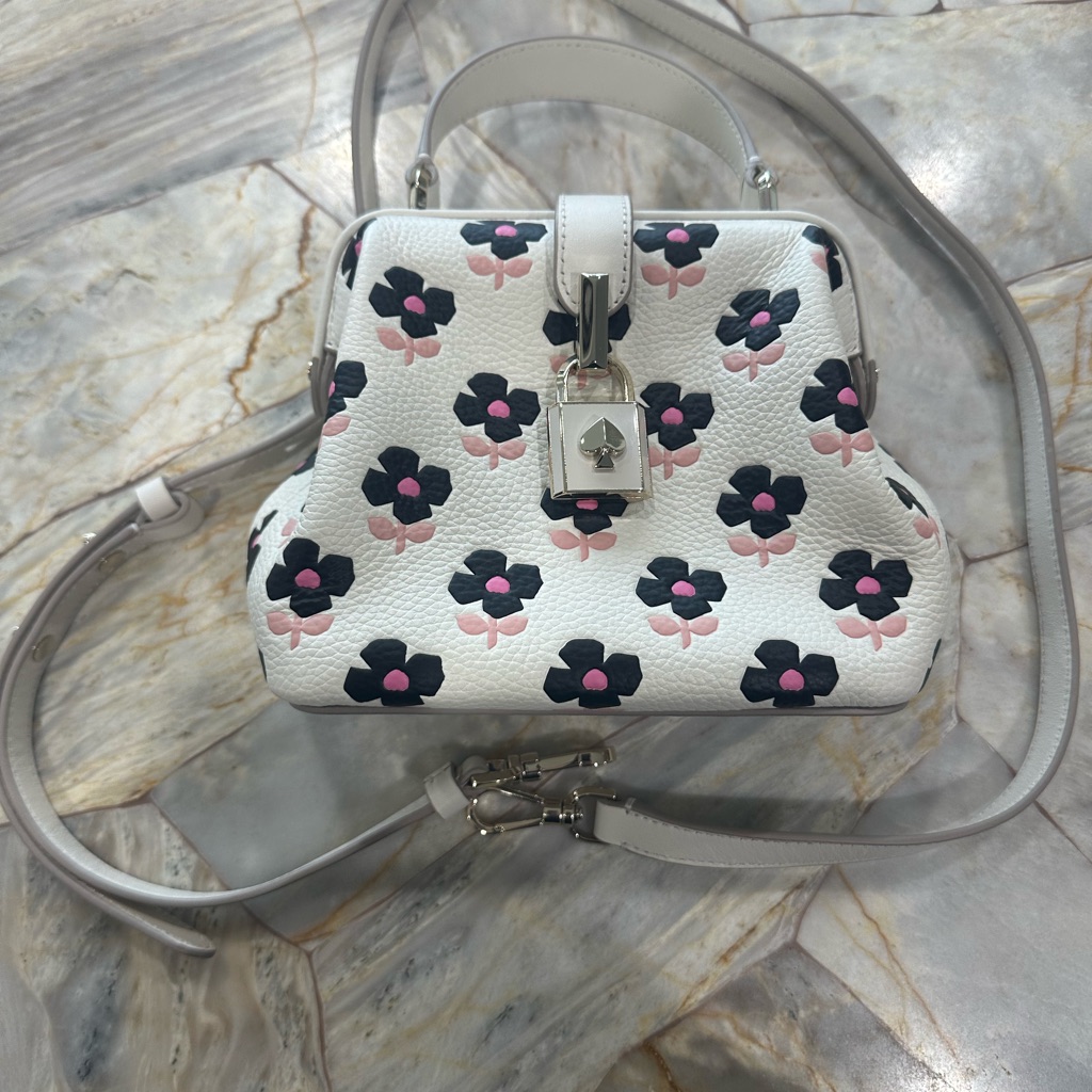 Kate Spade White Floral Leather Crossbody With Pink And Black Accents